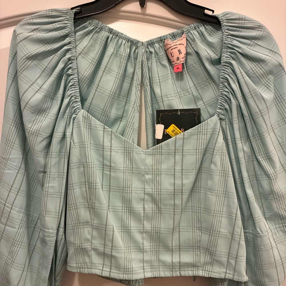 Mint BURU Plaid Women's Top - Sweetheart Neckline & Puffy Sleeves